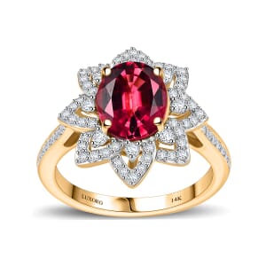 Certified & Appraised Luxoro AAAA Akwanga Rubellite and G-H I2 Diamond 2.73 ctw Floral Ring in 14K Yellow Gold (Size 8.0) 4.50 Grams
