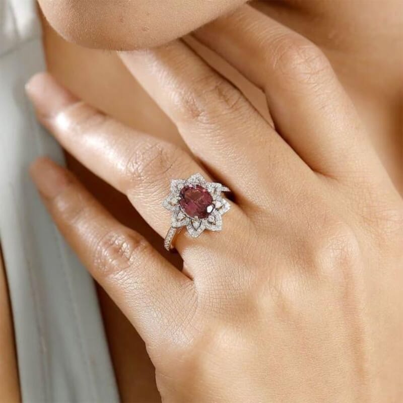 Certified & Appraised Luxoro AAAA Akwanga Rubellite and G-H I2 Diamond 2.73 ctw Floral Ring in 14K Yellow Gold (Size 8.0) 4.50 Grams