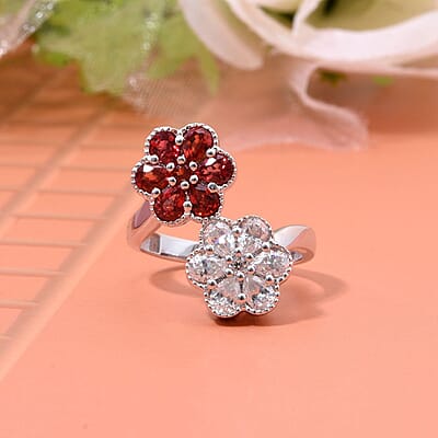 Premium Red Sapphire, Moissanite Ring in Rhodium Over Sterling Silver (Size 10.0) 2.30 ctw