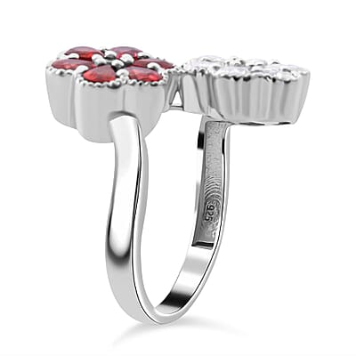 Premium Red Sapphire, Moissanite Ring in Rhodium Over Sterling Silver (Size 10.0) 2.30 ctw