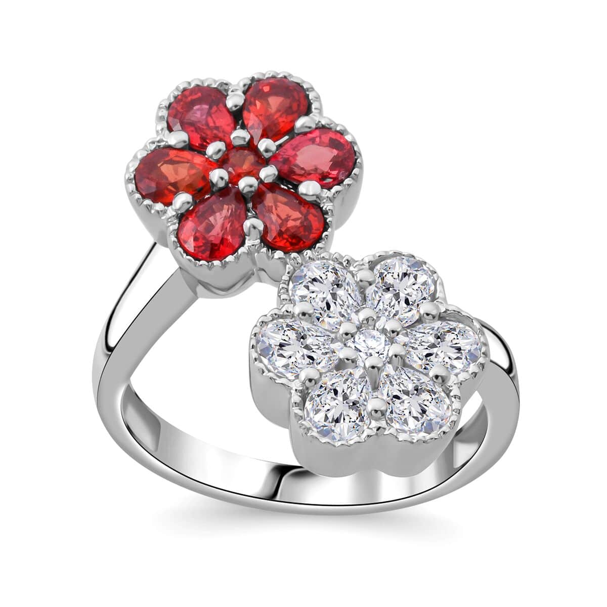 Premium Red Sapphire and Moissanite 2.30 ctw Bypass Flower Ring in Rhodium Over Sterling Silver (Size 5.0) image number 0