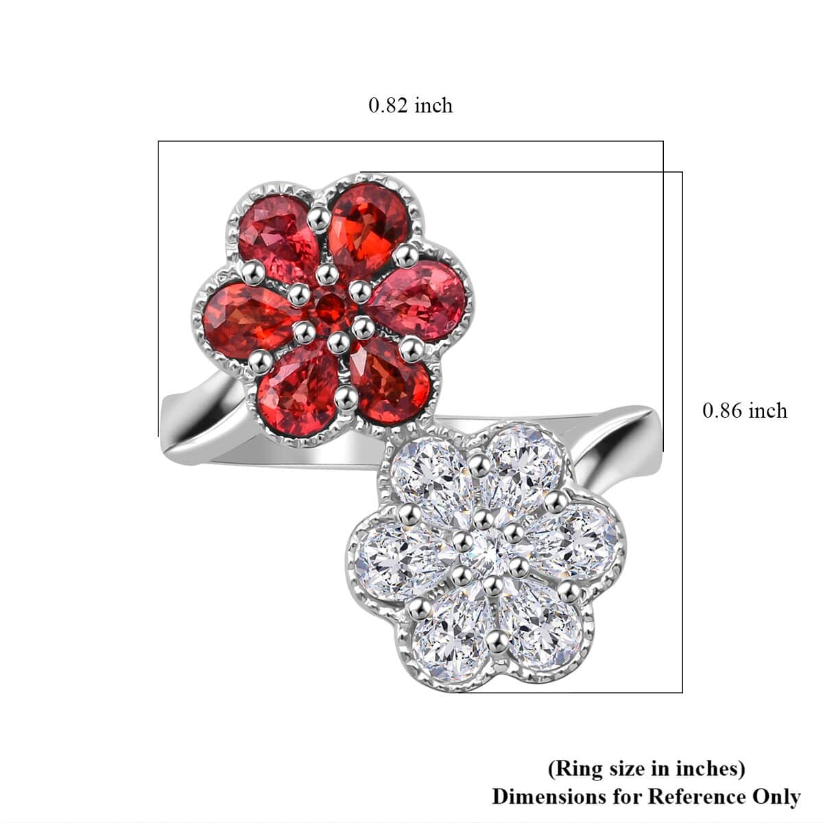 Premium Red Sapphire and Moissanite 2.30 ctw Bypass Flower Ring in Rhodium Over Sterling Silver (Size 5.0) image number 5