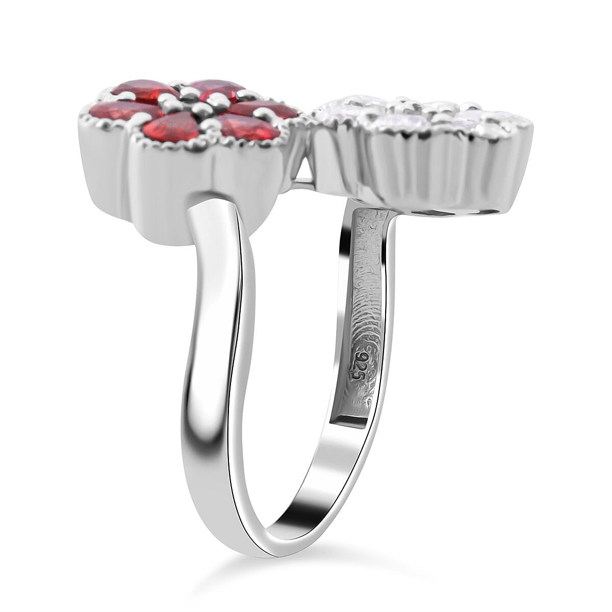 Premium Red Sapphire and Moissanite 2.30 ctw Bypass Flower Ring in Rhodium Over Sterling Silver (Size 7.0) image number 3