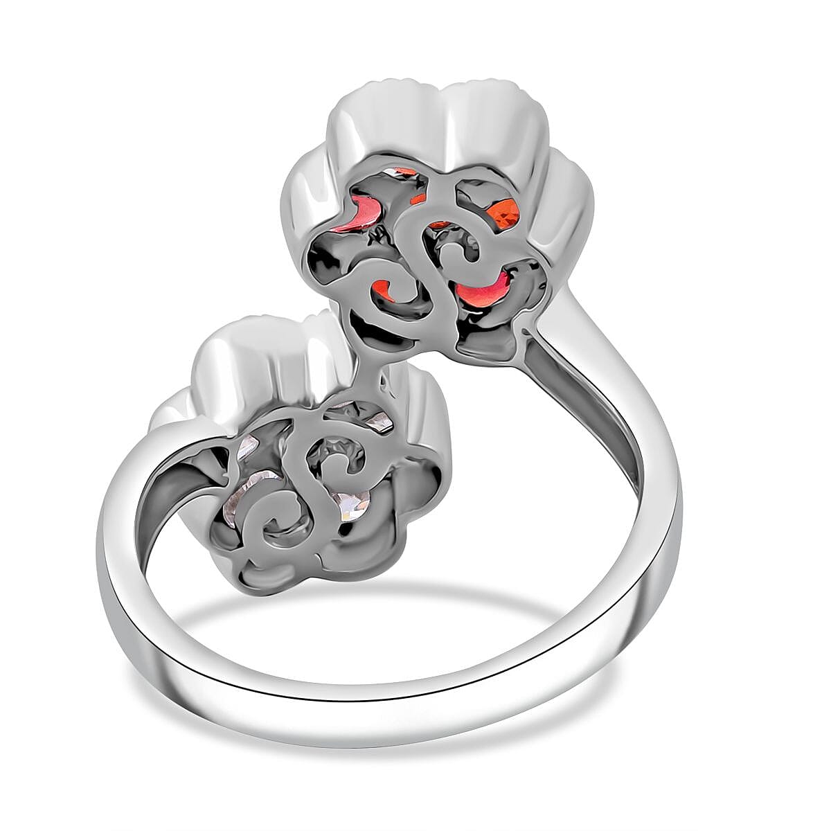 Premium Red Sapphire and Moissanite 2.30 ctw Bypass Flower Ring in Rhodium Over Sterling Silver (Size 7.0) image number 4