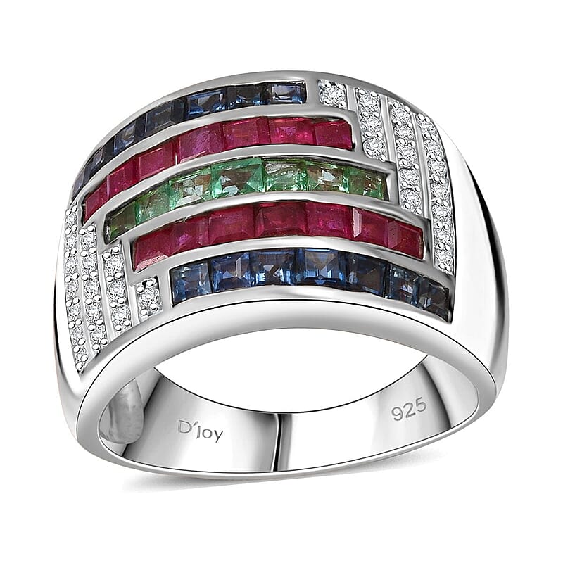 Multi Gemstone 3.20 ctw Prismatic Symphony Ring in Rhodium Over Sterling Silver (Size 10.0)
