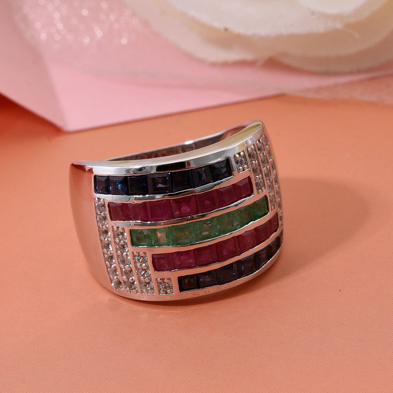 Multi Gemstone 3.20 ctw Prismatic Symphony Ring in Rhodium Over Sterling Silver (Size 10.0)