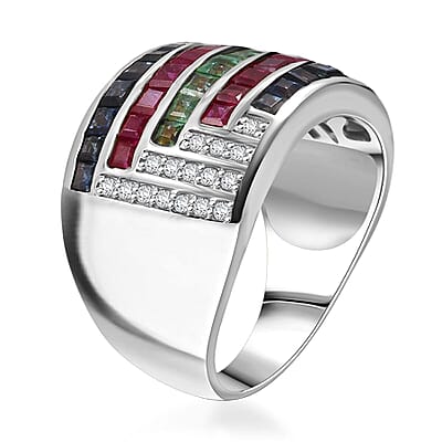Multi Gemstone 3.20 ctw Prismatic Symphony Ring in Rhodium Over Sterling Silver (Size 10.0)
