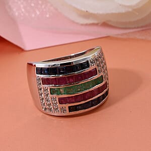 Multi Gemstone 3.20 ctw Prismatic Symphony Ring in Rhodium Over Sterling Silver (Size 6.0)