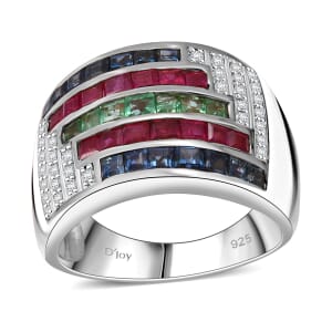 Multi Gemstone 3.20 ctw Prismatic Symphony Ring in Rhodium Over Sterling Silver (Size 7.0)