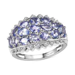 Tanzanite and White Zircon 3.25 ctw Tiara Ring in Rhodium Over Sterling Silver (Size 5.0)