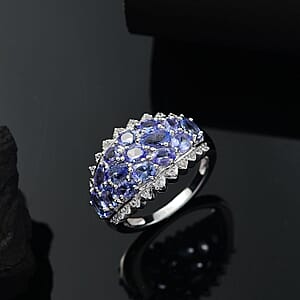 D'Joy Tanzanite and White Zircon 3.25 ctw Tiara Ring in Rhodium Over Sterling Silver (Size 6.0)