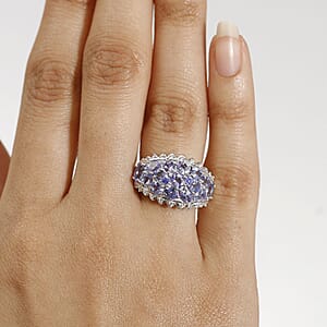 D'Joy Tanzanite and White Zircon 3.25 ctw Tiara Ring in Rhodium Over Sterling Silver (Size 6.0)