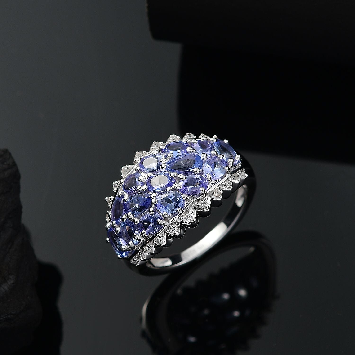 D'Joy Tanzanite and White Zircon 3.25 ctw Tiara Ring in Rhodium Over Sterling Silver (Size 8.0)