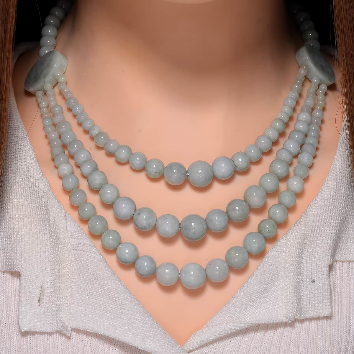 Natural Jade 620.00 ctw Beaded 3 Row Necklace in Rhodium Over Sterling Silver 18 Inches image number 1