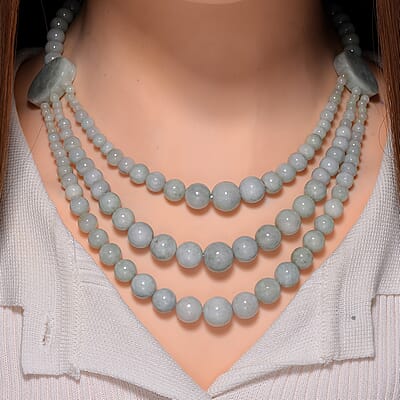 Natural Jade 620.00 ctw Beaded 3 Row Necklace in Rhodium Over Sterling Silver 18 Inches