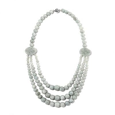 Natural Jade 620.00 ctw Beaded 3 Row Necklace in Rhodium Over Sterling Silver 18 Inches