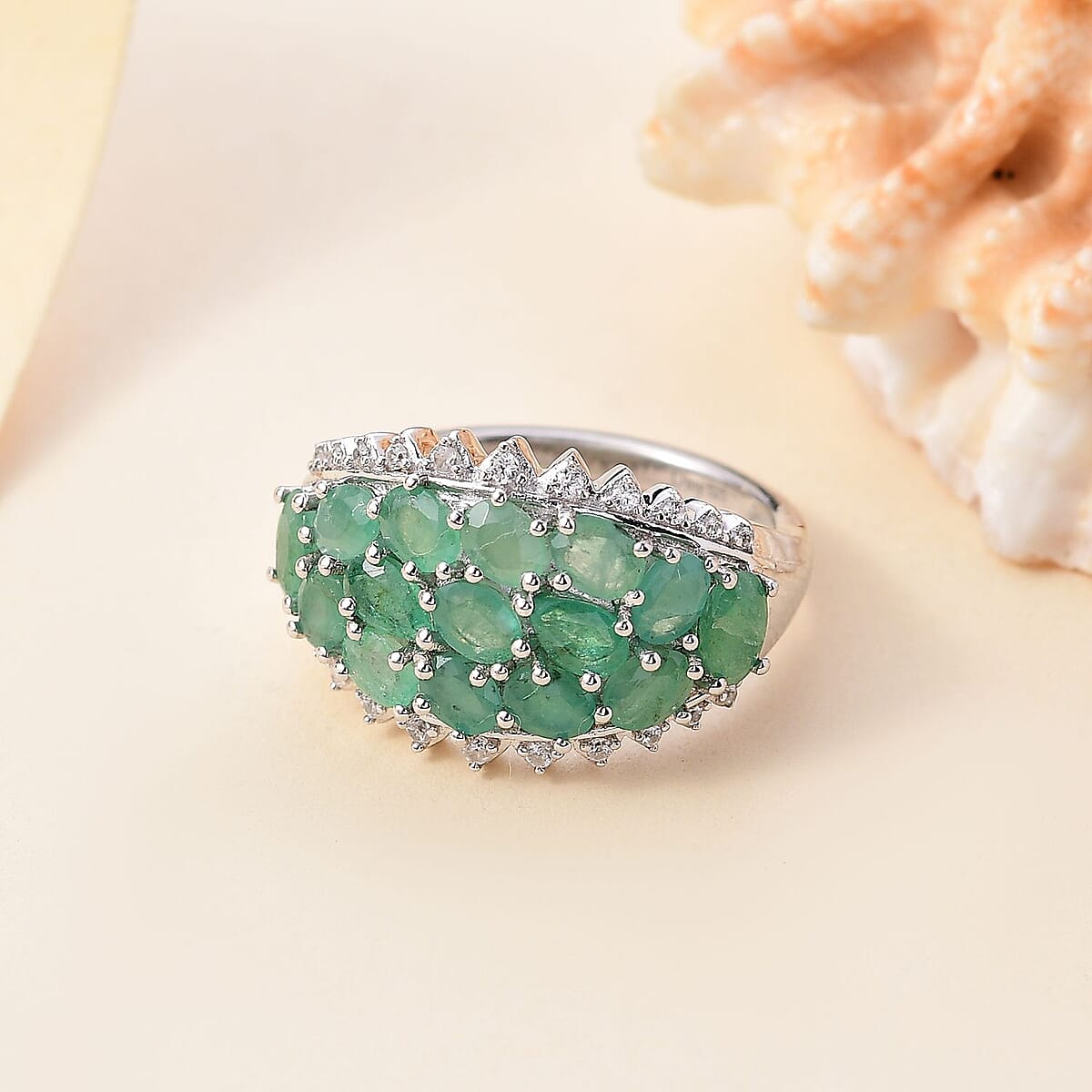 D'Joy Brazilian Emerald and White Zircon Tiara Ring 3.50 ctw in Rhodium Over Sterling Silver (Size 10.0) image number 1