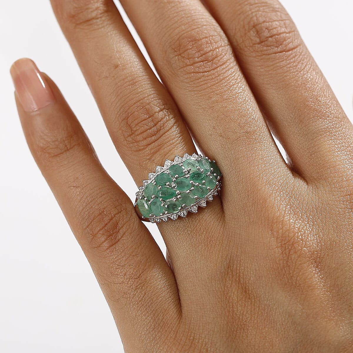 D'Joy Brazilian Emerald and White Zircon Tiara Ring 3.50 ctw in Rhodium Over Sterling Silver (Size 10.0) image number 2