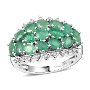 Brazilian Emerald and White Zircon Tiara Ring 3.50 ctw in Rhodium Over Sterling Silver (Size 6.0)