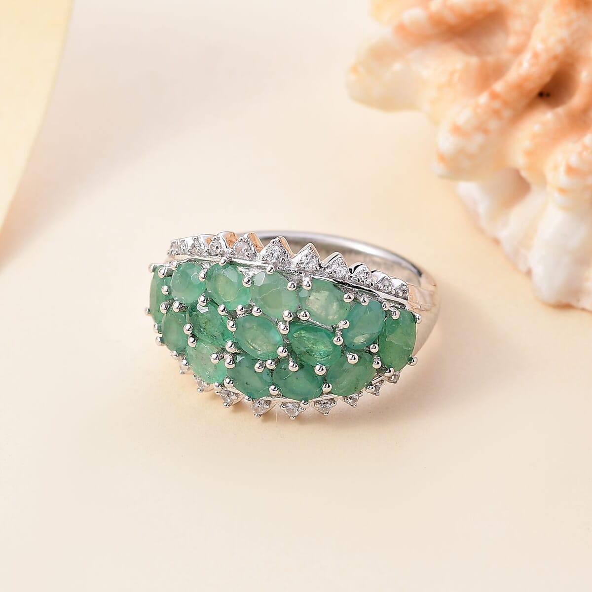 Brazilian Emerald and White Zircon Tiara Ring 3.50 ctw in Rhodium Over Sterling Silver (Size 6.0) image number 1