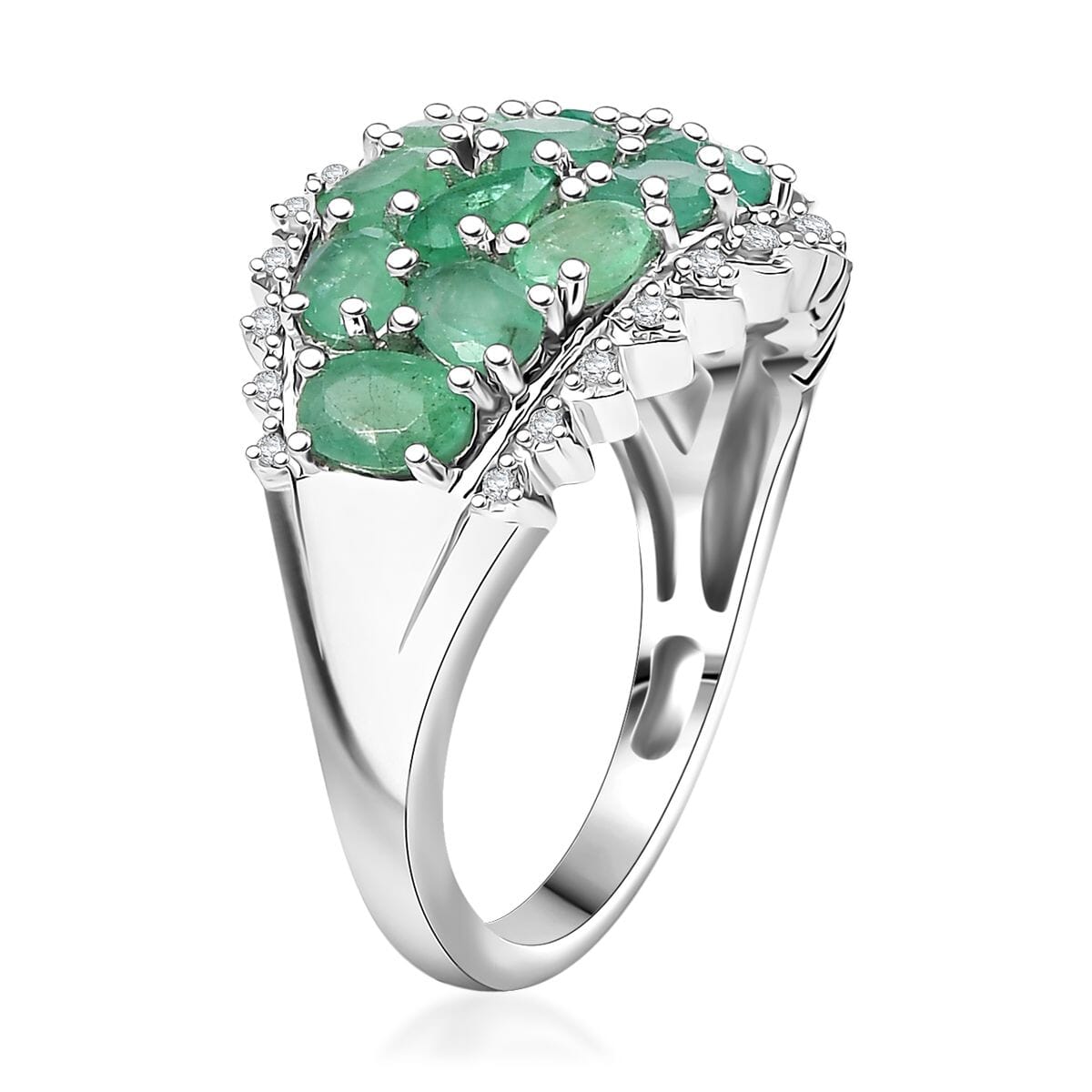 Brazilian Emerald and White Zircon Tiara Ring 3.50 ctw in Rhodium Over Sterling Silver (Size 6.0) image number 3