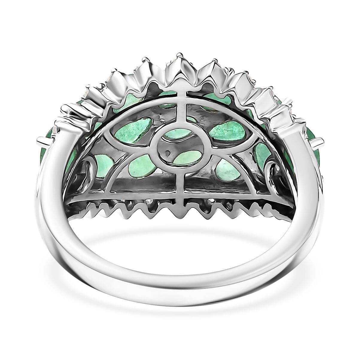 Brazilian Emerald and White Zircon Tiara Ring 3.50 ctw in Rhodium Over Sterling Silver (Size 6.0) image number 4