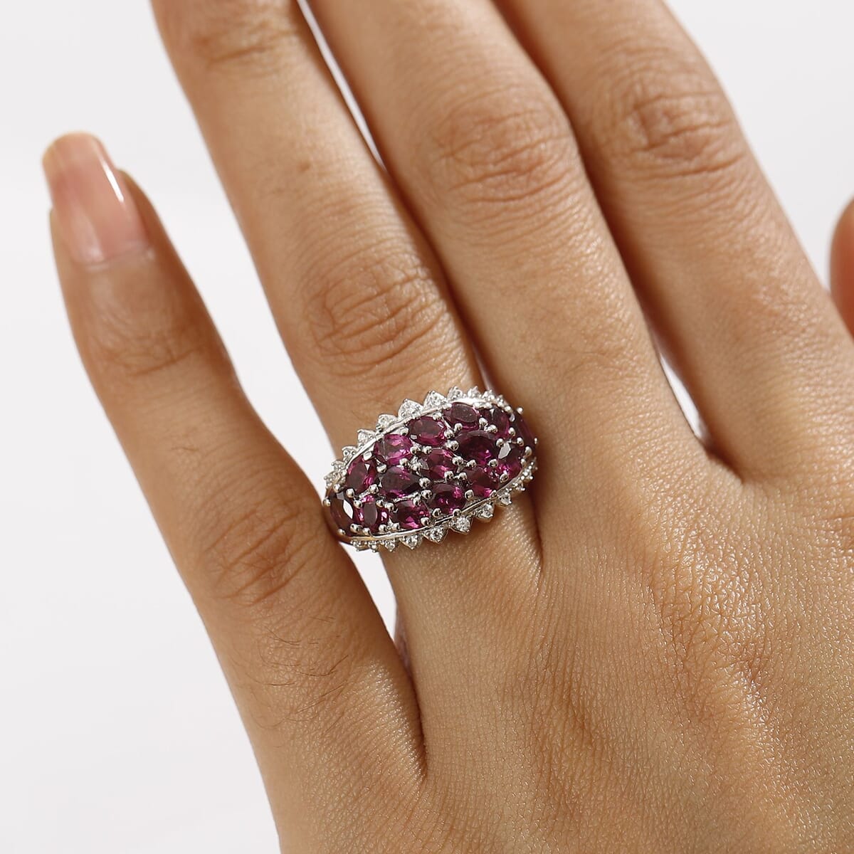 Radiant Ember Garnet and White Zircon 4.30 ctw Tiara Ring in Rhodium Over Sterling Silver (Size 6.0) image number 2