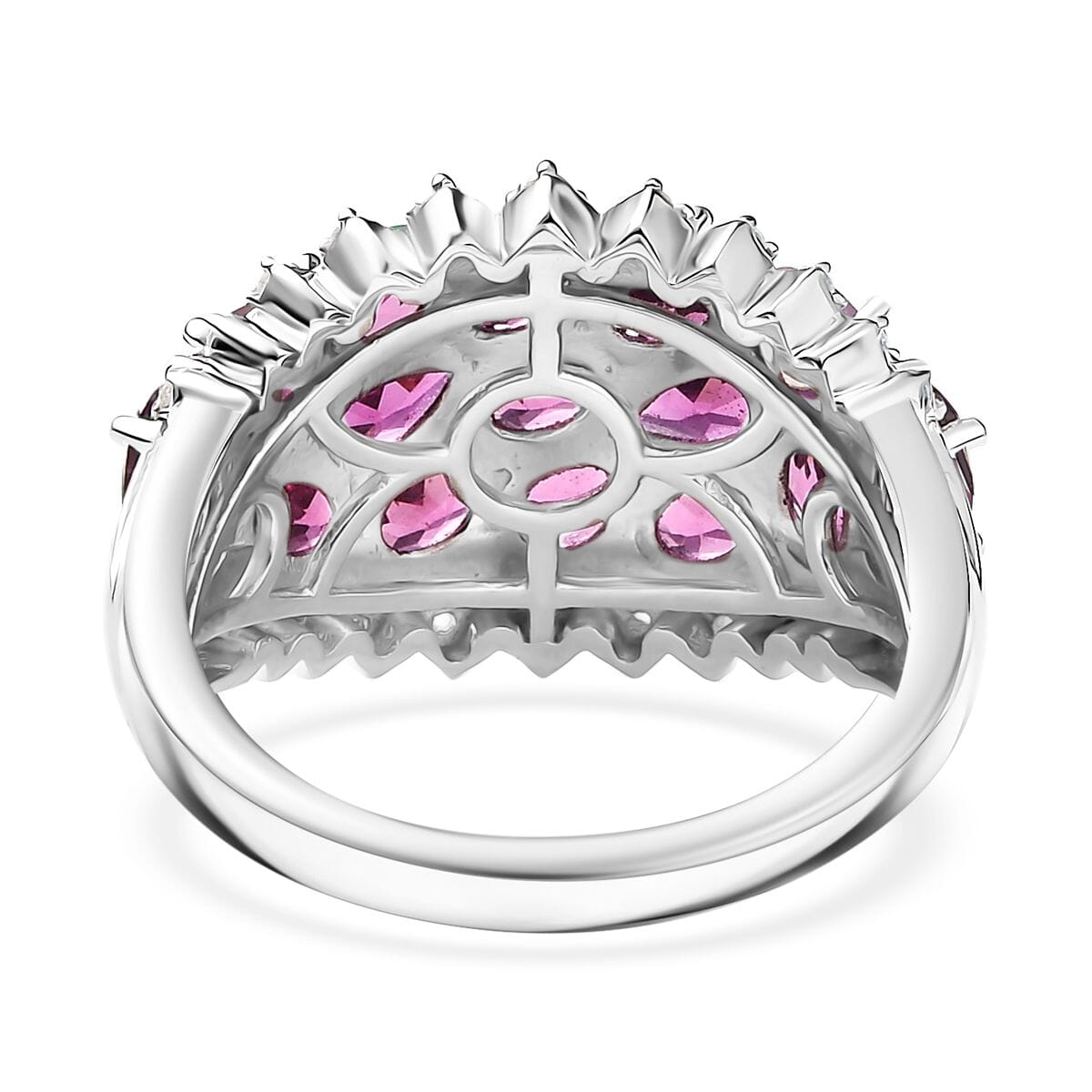 Radiant Ember Garnet and White Zircon 4.30 ctw Tiara Ring in Rhodium Over Sterling Silver (Size 6.0) image number 4