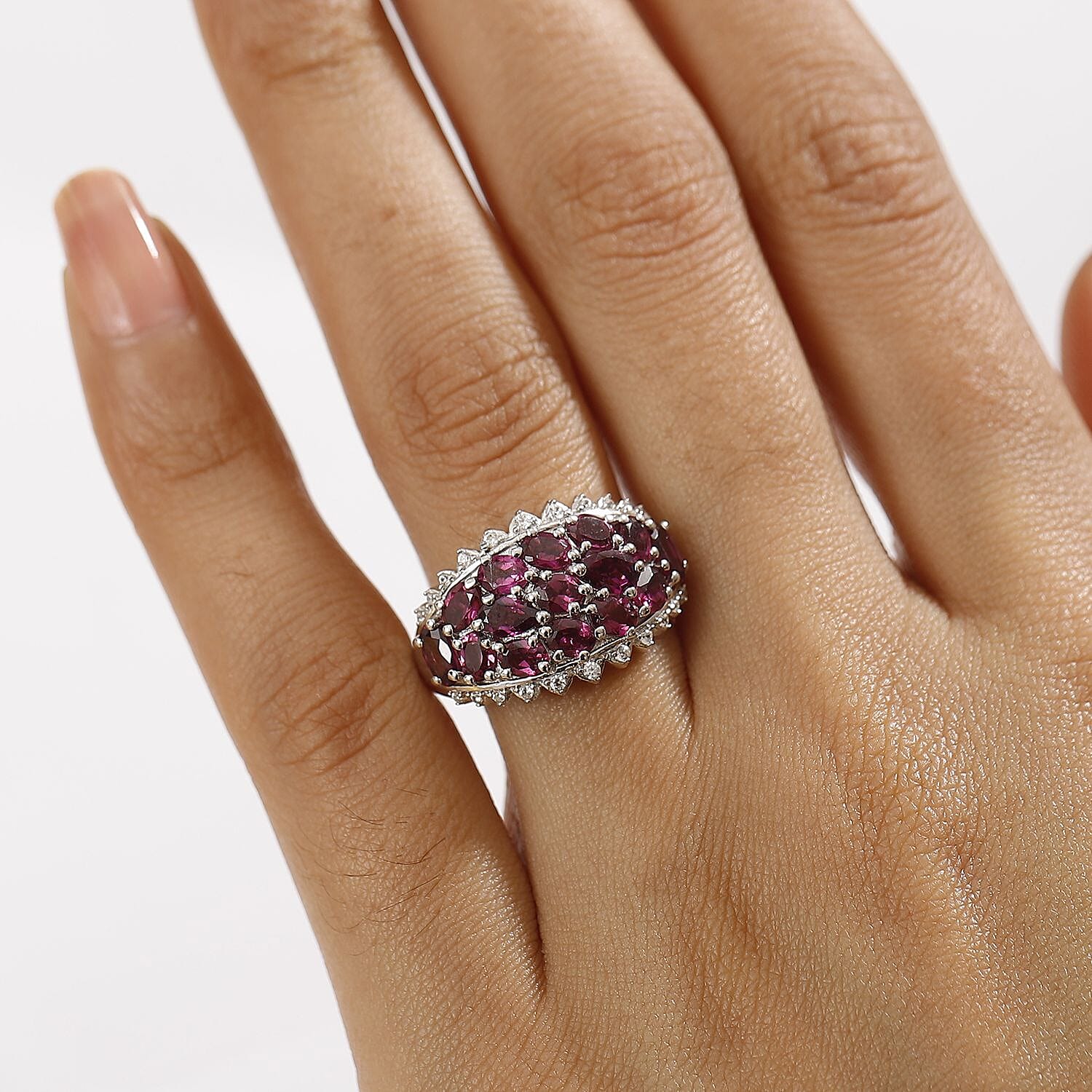 D'Joy Radiant Ember Garnet and White Zircon 4.30 ctw Tiara Ring in Rhodium Over Sterling Silver (Size 8.0)