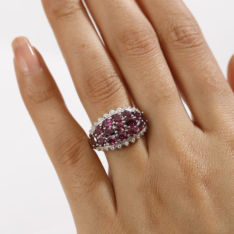D'Joy Radiant Ember Garnet and White Zircon 4.30 ctw Tiara Ring in Rhodium Over Sterling Silver (Size 8.0)