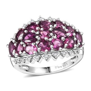 Radiant Ember Garnet and White Zircon 4.30 ctw Tiara Ring in Rhodium Over Sterling Silver (Size 9.0)