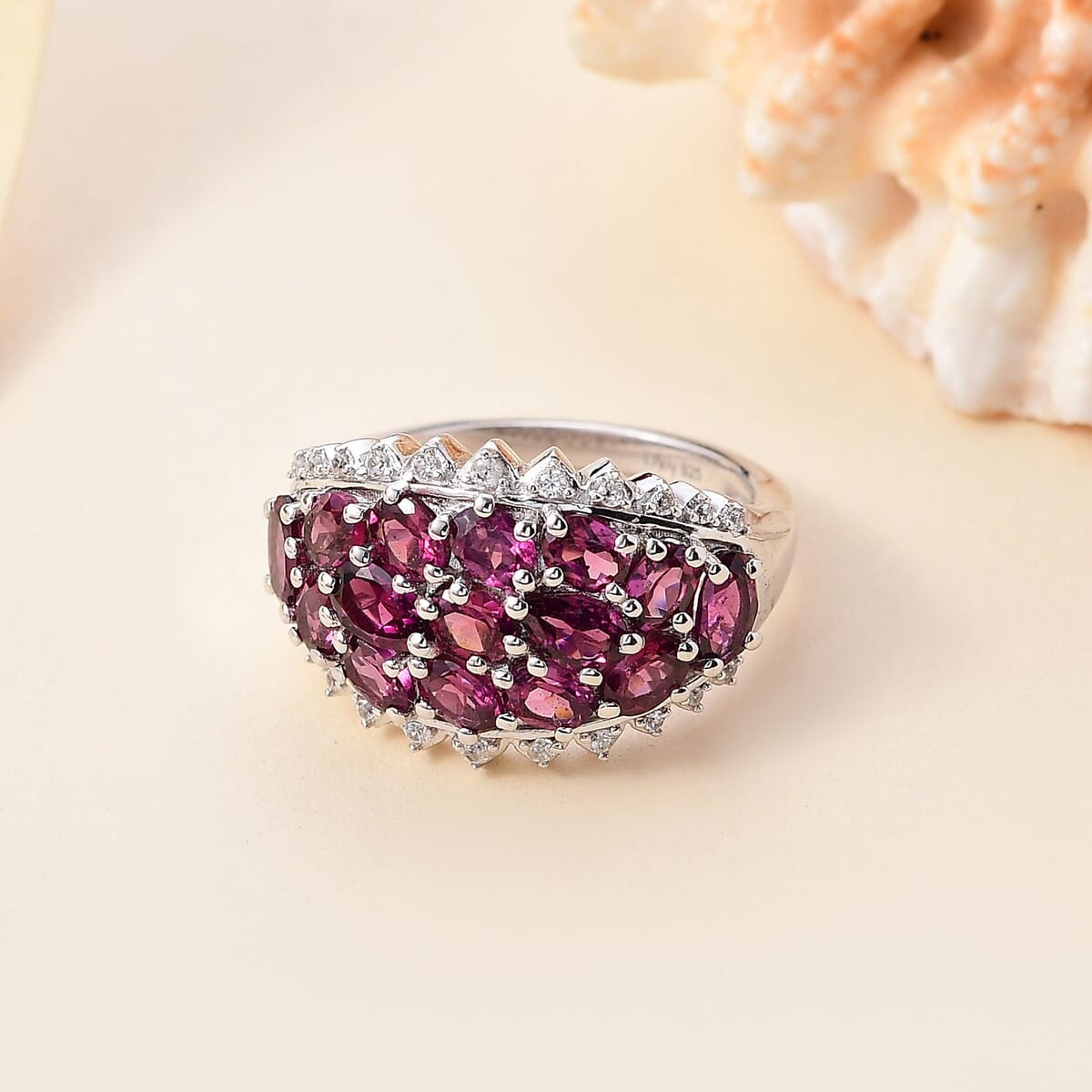 Radiant Ember Garnet and White Zircon 4.30 ctw Tiara Ring in Rhodium Over Sterling Silver (Size 9.0) image number 1
