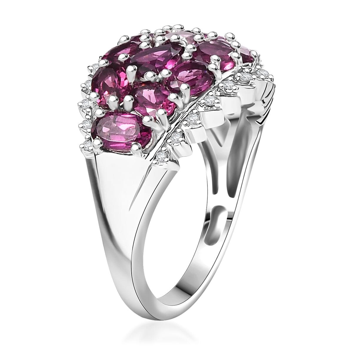 Radiant Ember Garnet and White Zircon 4.30 ctw Tiara Ring in Rhodium Over Sterling Silver (Size 9.0) image number 3