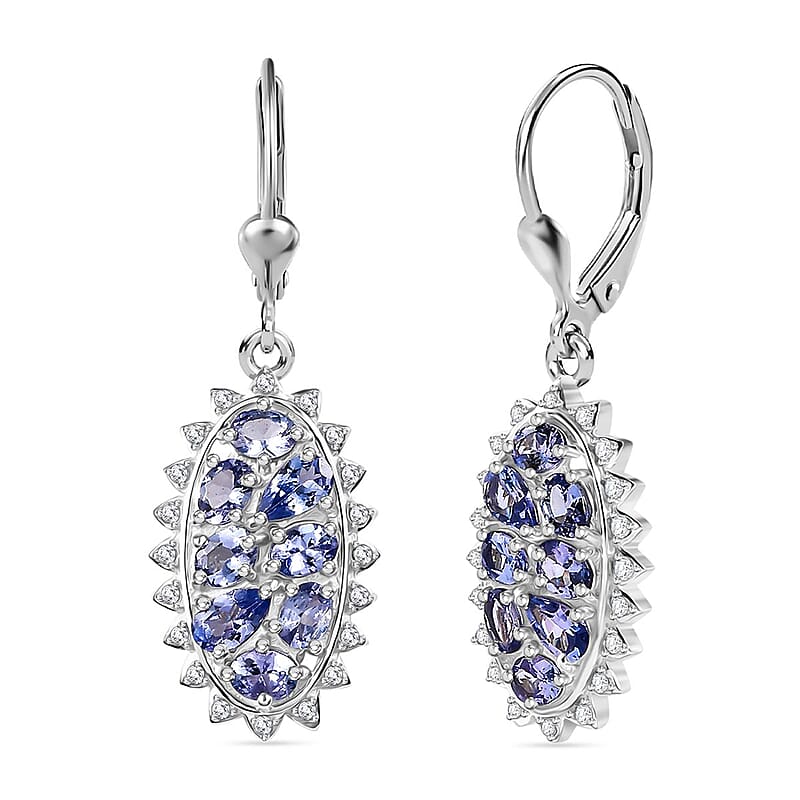 D'Joy Tanzanite and White Zircon Tiara 3.75 ctw Lever Back Earrings in Rhodium Over Sterling Silver 