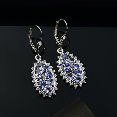 D'Joy Tanzanite and White Zircon Tiara 3.75 ctw Lever Back Earrings in Rhodium Over Sterling Silver 