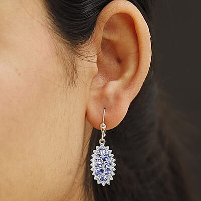 D'Joy Tanzanite and White Zircon Tiara 3.75 ctw Lever Back Earrings in Rhodium Over Sterling Silver 