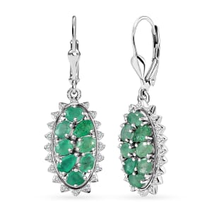 Brazilian Emerald and White Zircon 4.00 ctw Tiara Lever Back Earrings in Rhodium Over Sterling Silver