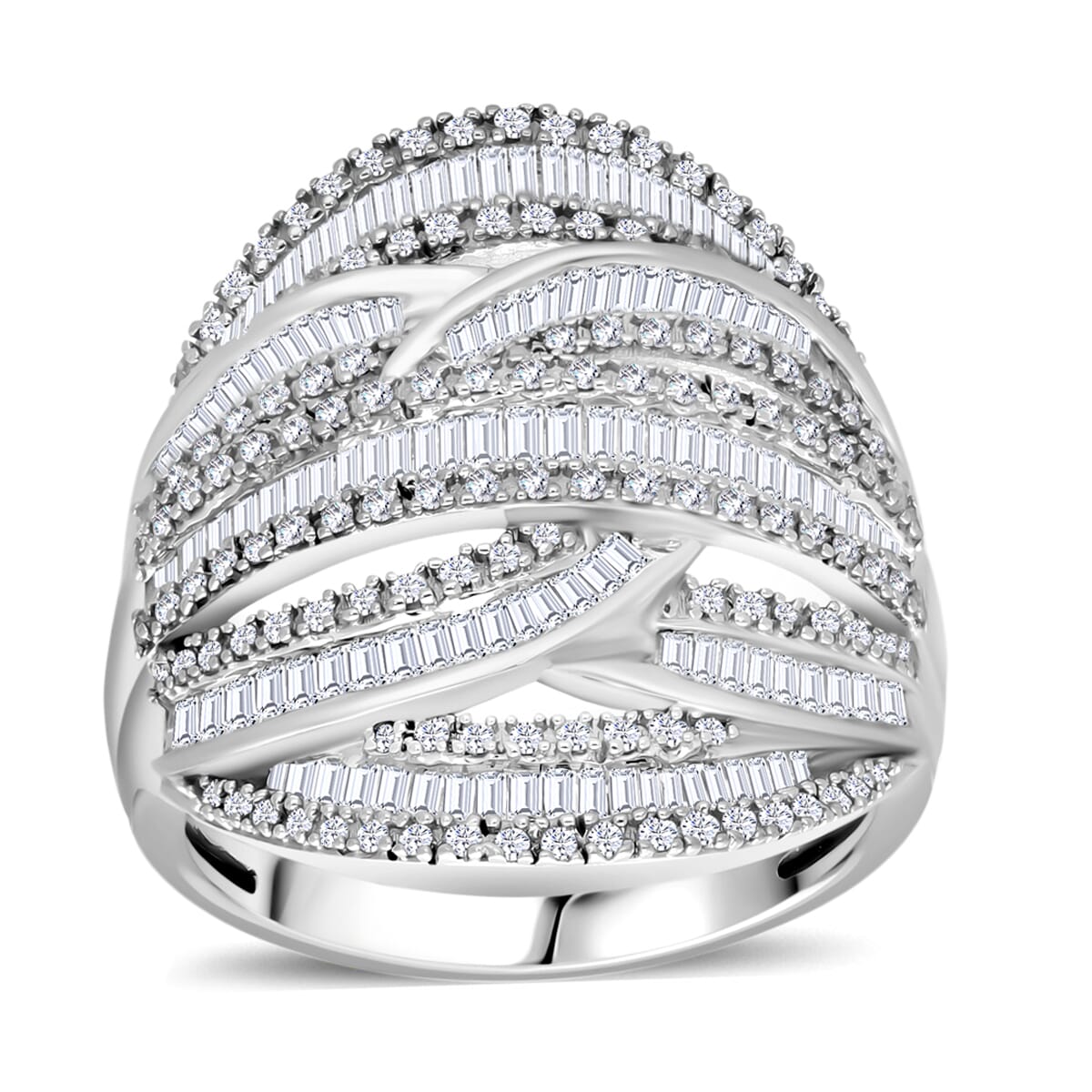D'Joy Diamond 1.50 ctw Cross-over Bridge Ring in Platinum Over Sterling Silver (Size 6.0) image number 0