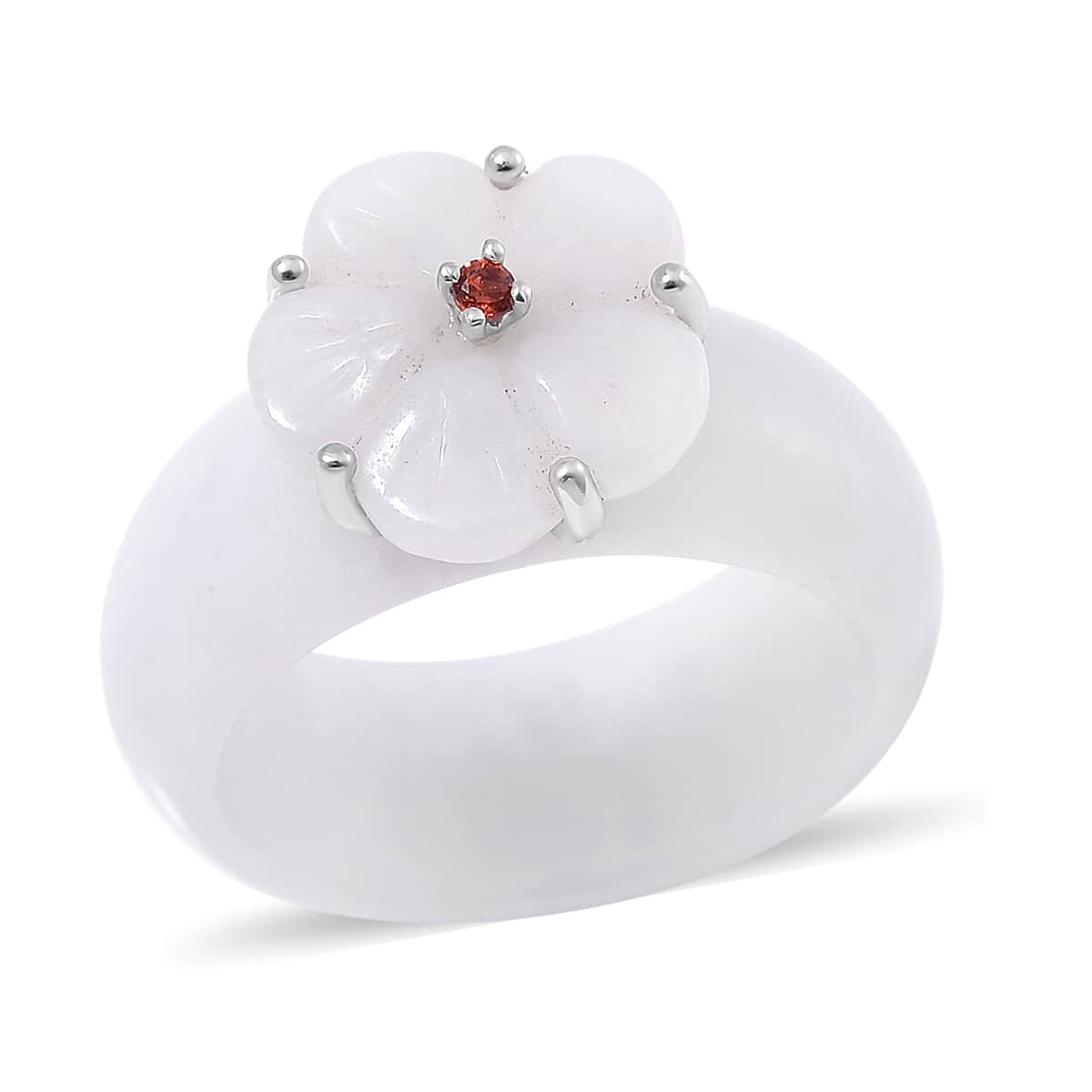 Natural Jade Carved and Mozambique Garnet 37.10 ctw Floral Ring in Sterling Silver (Size 10.0) image number 0