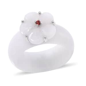 Natural Jade Carved and Mozambique Garnet 37.10 ctw Floral Ring in Sterling Silver (Size 10.0)