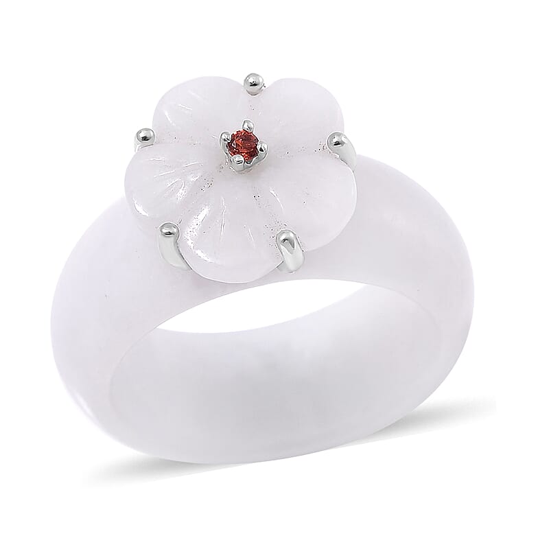 Natural Jade Carved and Mozambique Garnet 37.10 ctw Floral Ring in Sterling Silver (Size 10.0)
