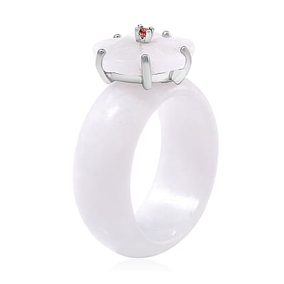 Natural Jade Carved and Mozambique Garnet 37.10 ctw Floral Ring in Sterling Silver (Size 10.0)