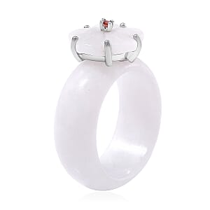 Natural Jade Carved and Mozambique Garnet 37.10 ctw Floral Ring in Sterling Silver (Size 7.0)