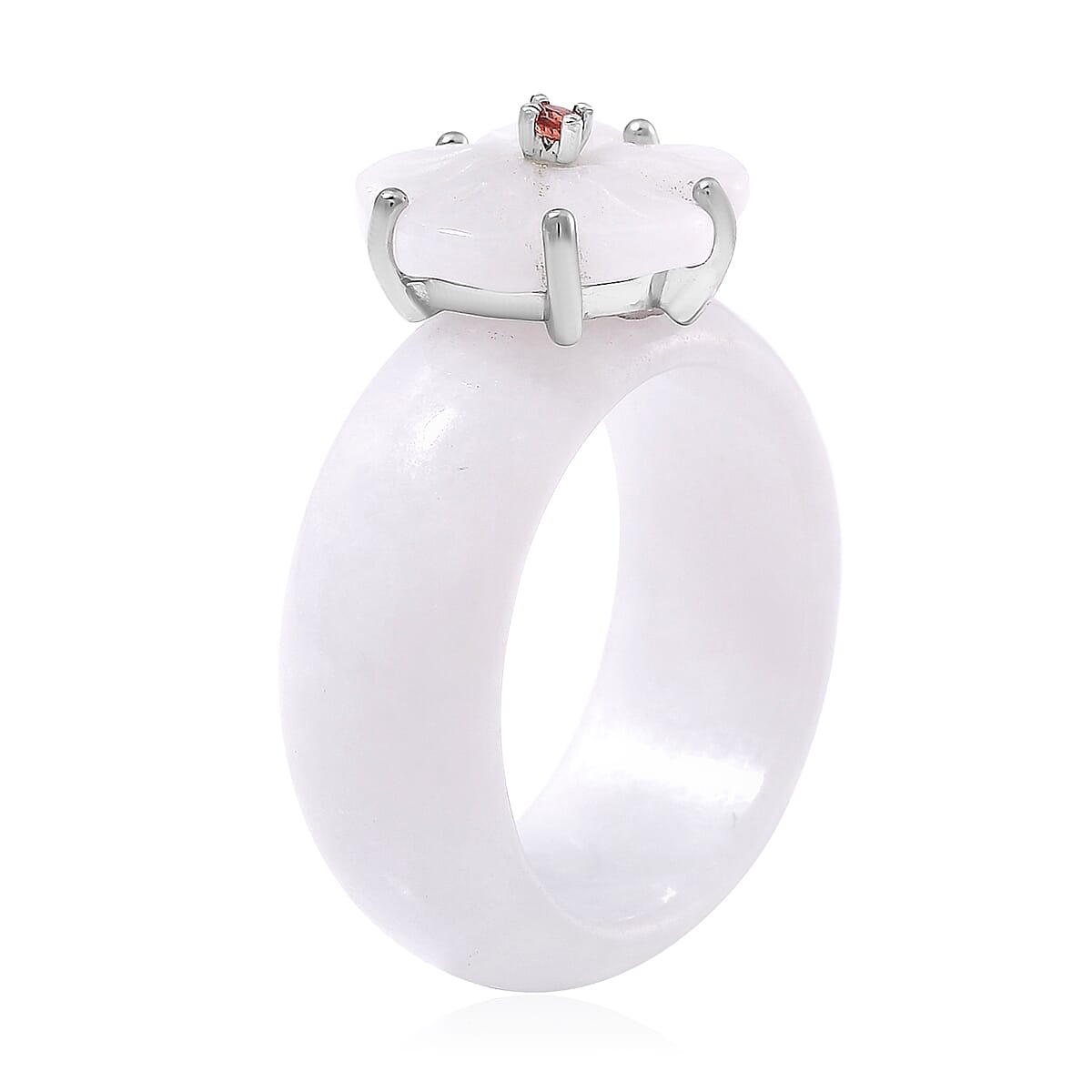 Natural Jade Carved and Mozambique Garnet 37.10 ctw Floral Ring in Sterling Silver (Size 8.0) image number 2