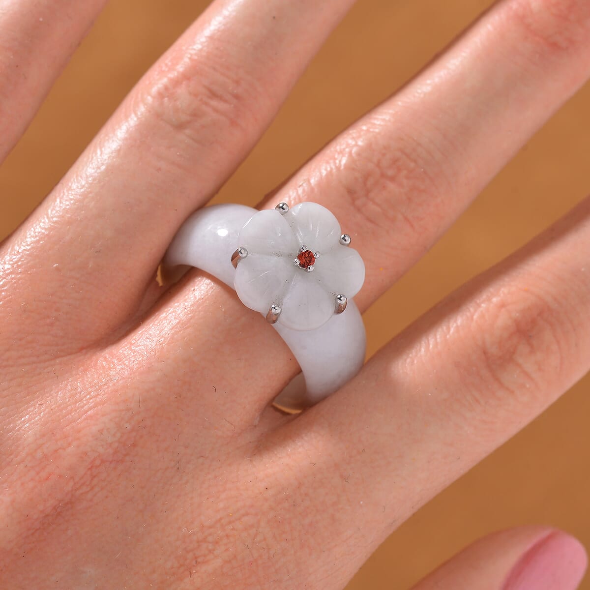 Natural Jade Carved and Mozambique Garnet 37.10 ctw Floral Ring in Sterling Silver (Size 9.0) image number 1