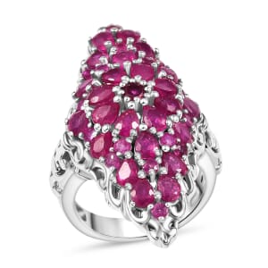 Niassa Ruby (FF) 6.85 ctw Elongated Ring in Rhodium Over Sterling Silver (Size 6.0)