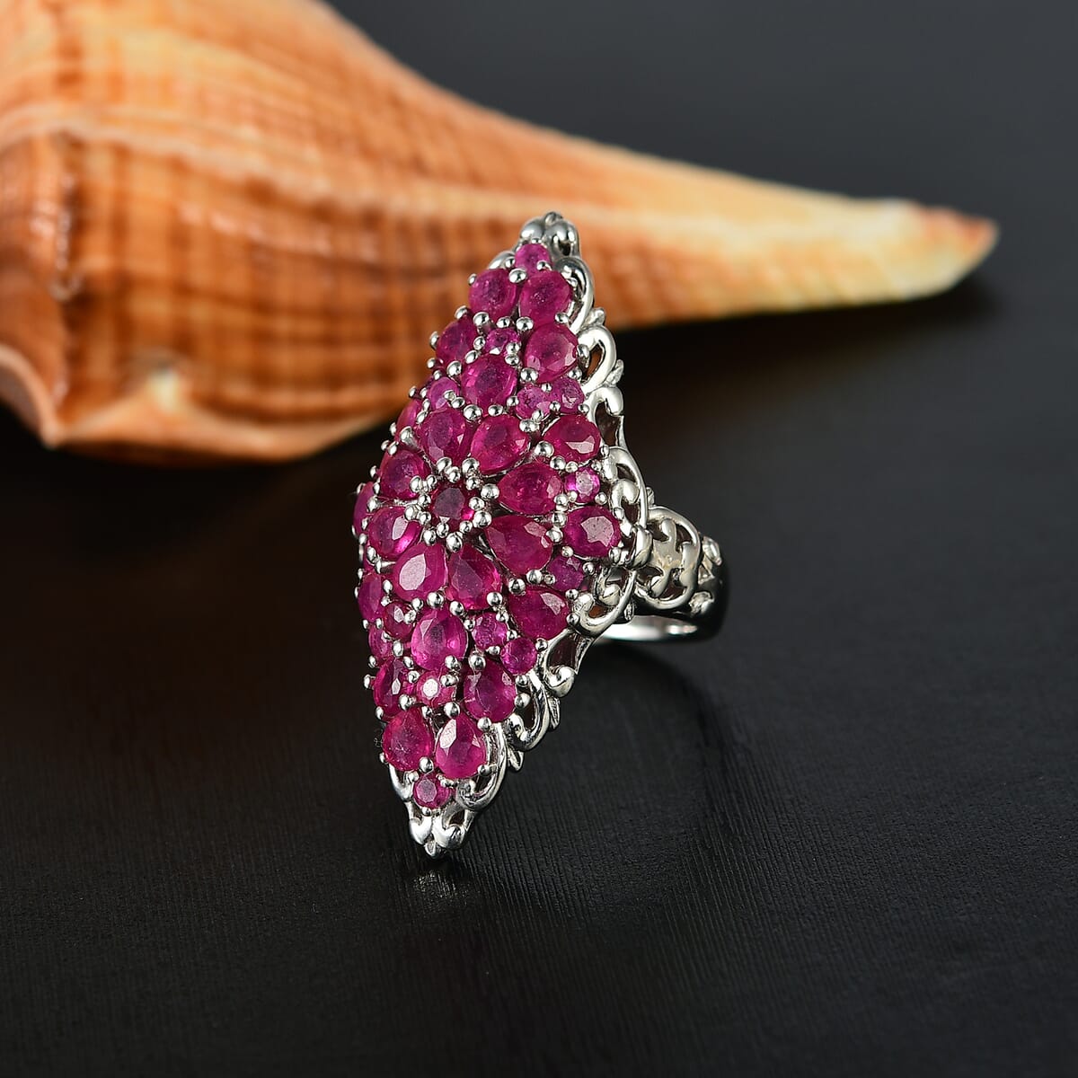 Niassa Ruby (FF) 6.85 ctw Elongated Ring in Rhodium Over Sterling Silver (Size 6.0) image number 1