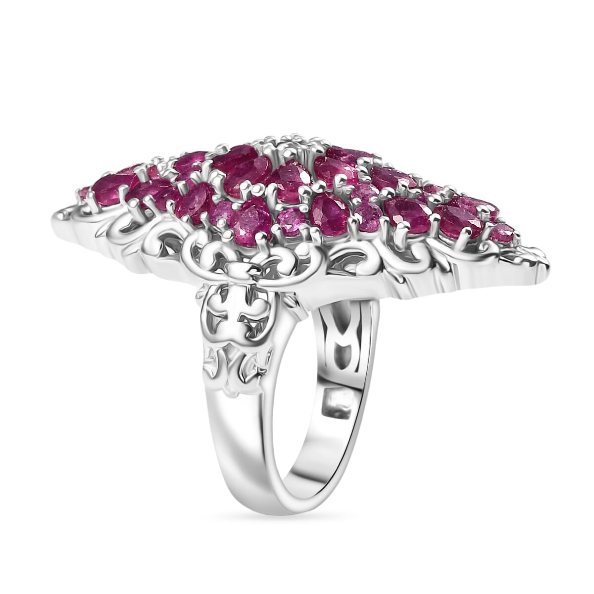 Niassa Ruby (FF) 6.85 ctw Elongated Ring in Rhodium Over Sterling Silver (Size 6.0) image number 3