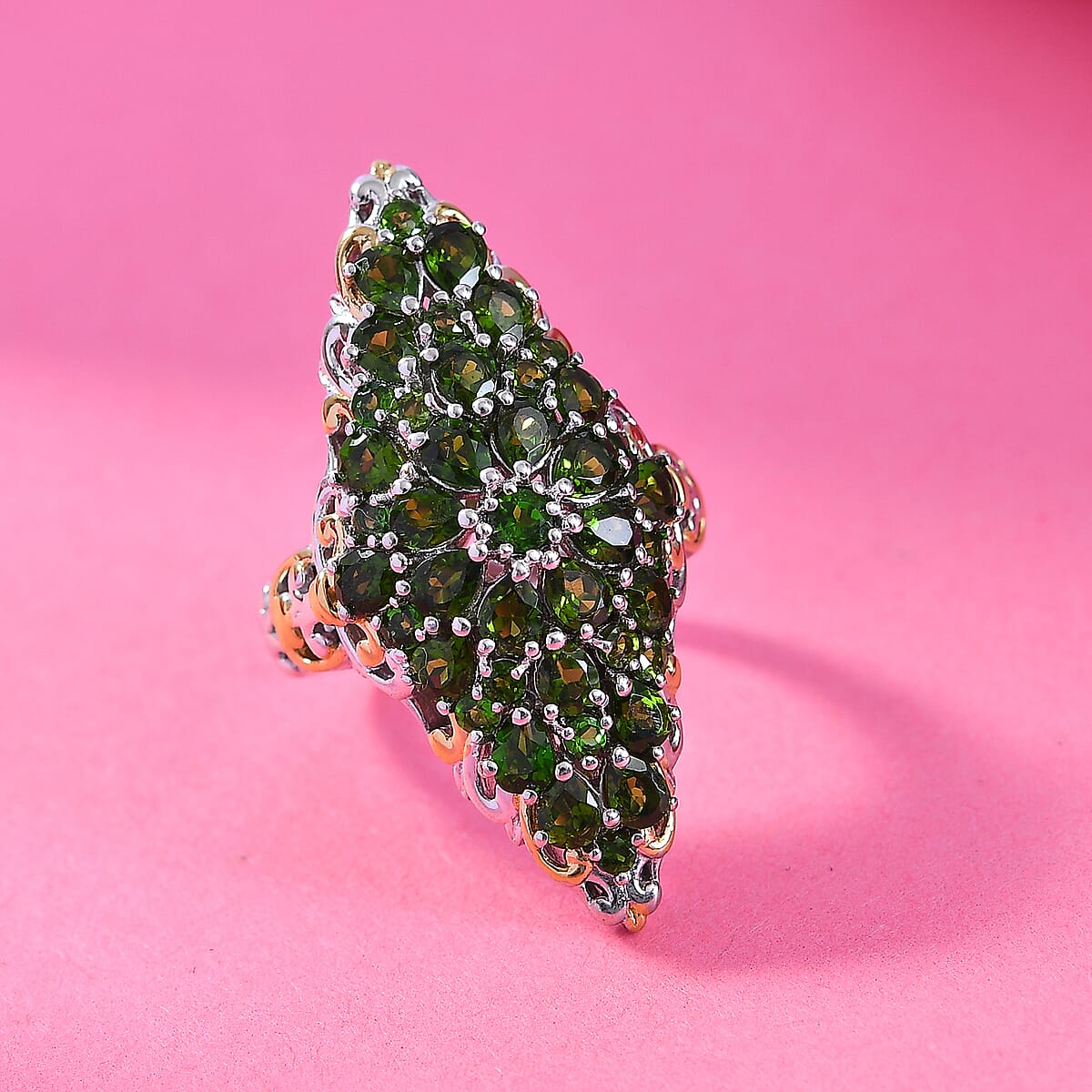 D'Joy Chrome Diopside 5.25 ctw Victorian Era Ring in 18K Vermeil YG and Rhodium Over Sterling Silver (Size 6.0) image number 1