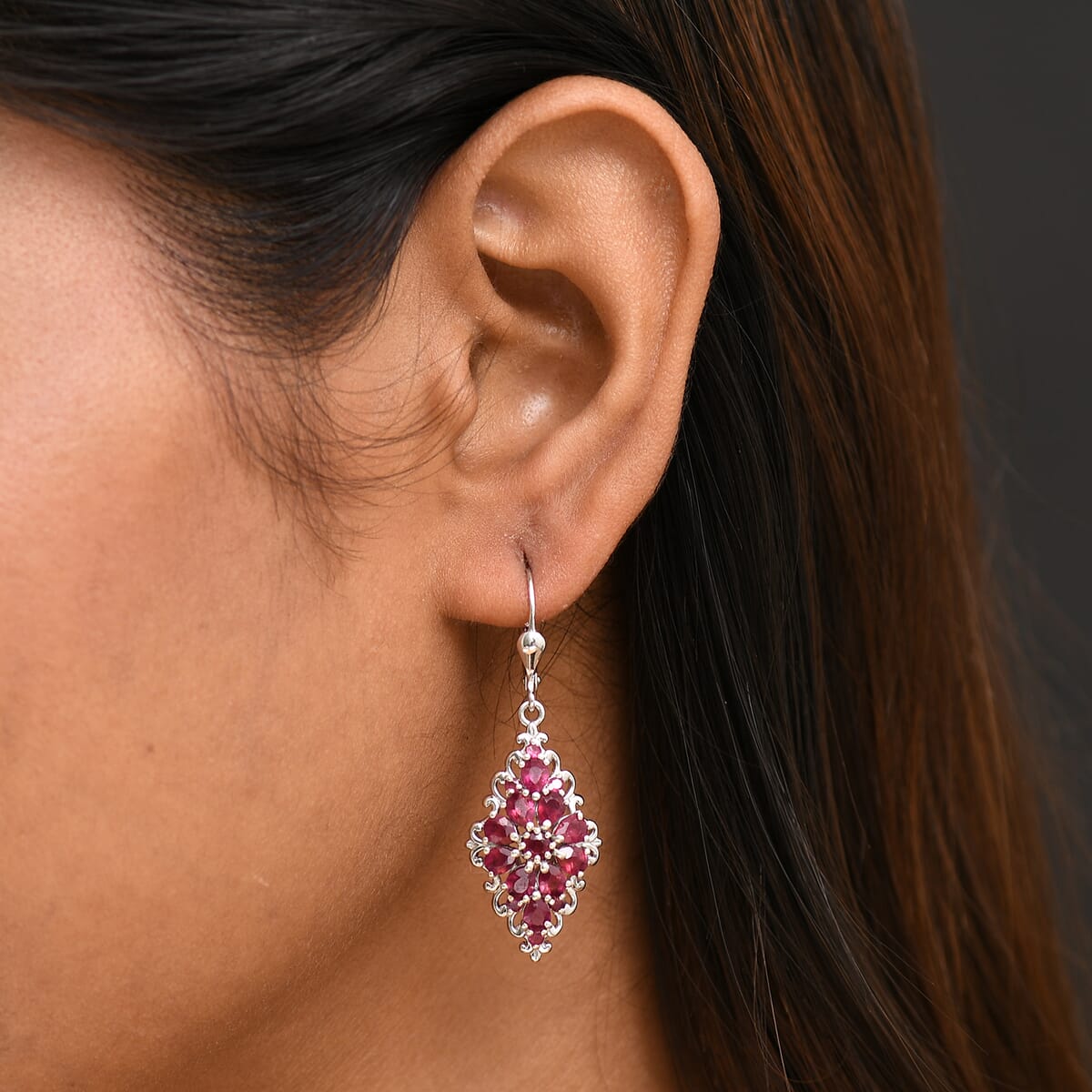 Niassa Ruby (FF) 5.70 ctw Lever Back Earrings in Rhodium Over Sterling Silver image number 2